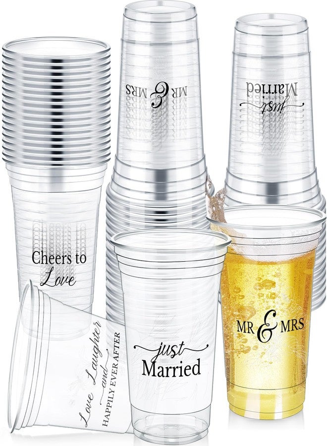 Jingmore 50 Pcs Wedding Plastic Cup 12 oz Wedding Disposable Cups for Reception Thick Clear Cup Happily Ever After Mr and Mrs Just Married Cups for Bridal Shower Decorations - Image 1